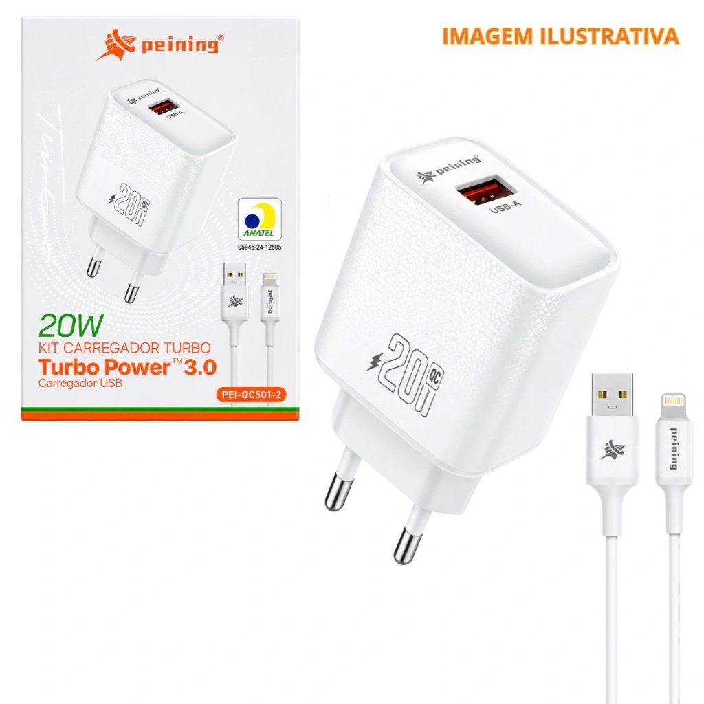 img_9540 CARREGADOR TURBO USB/IOS 20W PEI-QC501-2 - Imagem 1